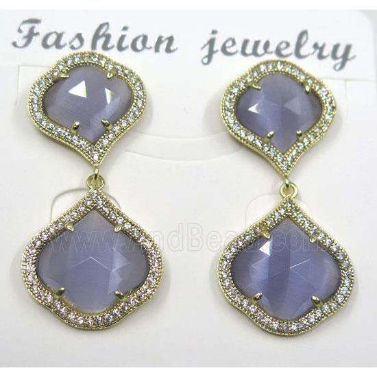 lavender cat eye stone earring pave zircon, clover