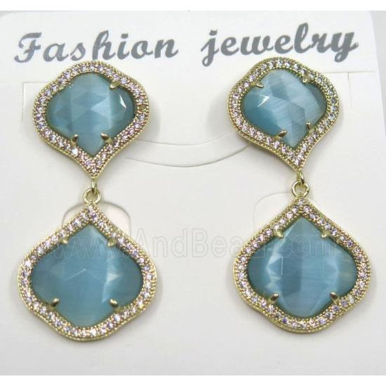 aqua cat eye stone earring pave zircon, clover