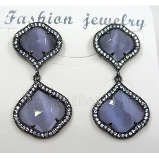 lavender cat eye stone earring pave zircon, clover