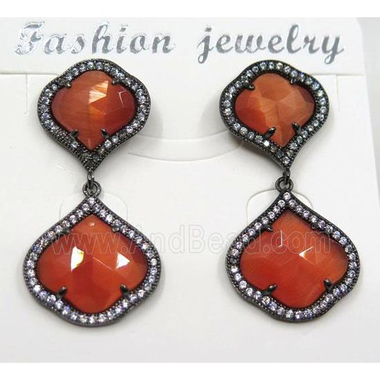 red cat eye stone earring pave zircon, clover