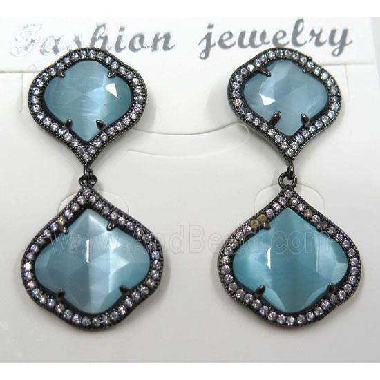 aqua cat eye stone earring pave zircon, clover