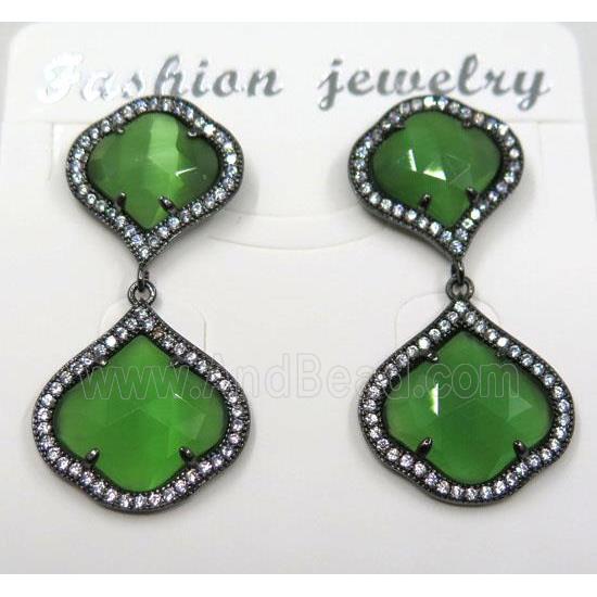 green cat eye stone earring pave zircon, clover