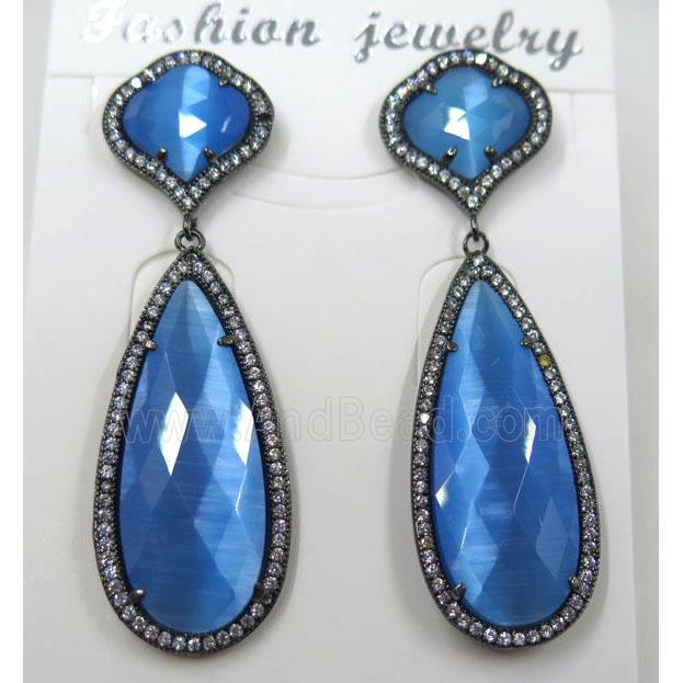 royal blue cat eye stone earring pave zircon, droplet