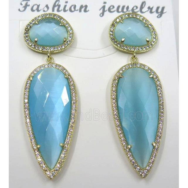 aqua cat eye stone earring pave zircon, droplet