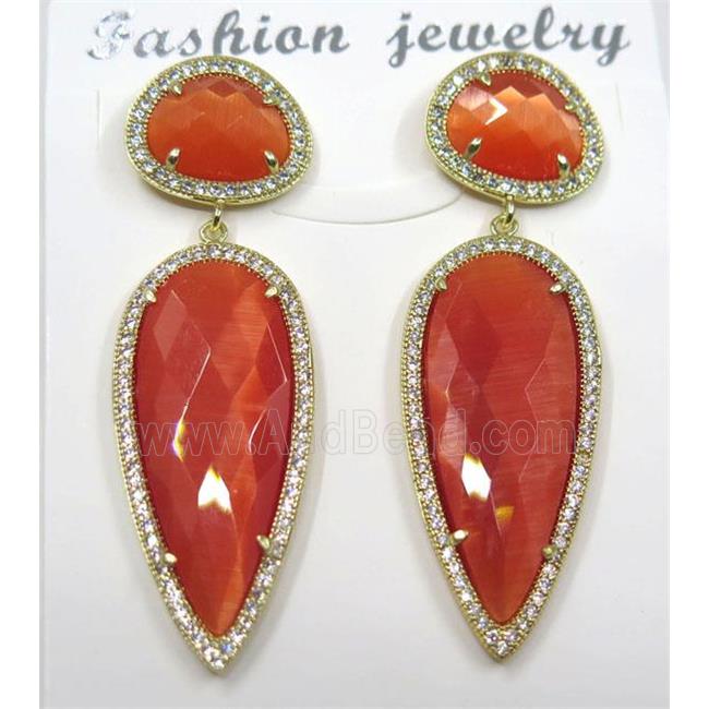 red cat eye stone earring pave zircon, droplet