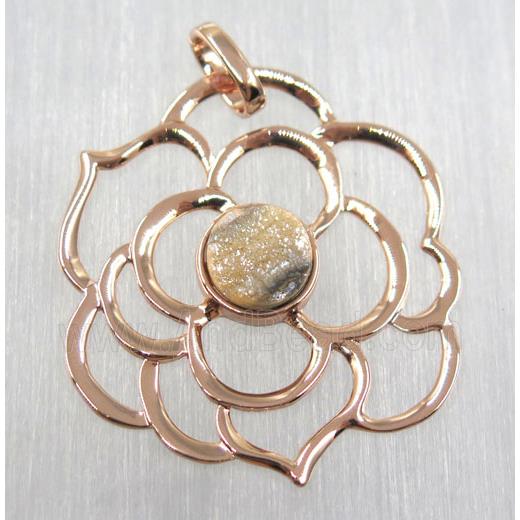 natural color druzy quartz pendant, copper flower, rose gold plated
