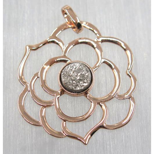 silver druzy quartz pendant, copper flower, rose gold plated