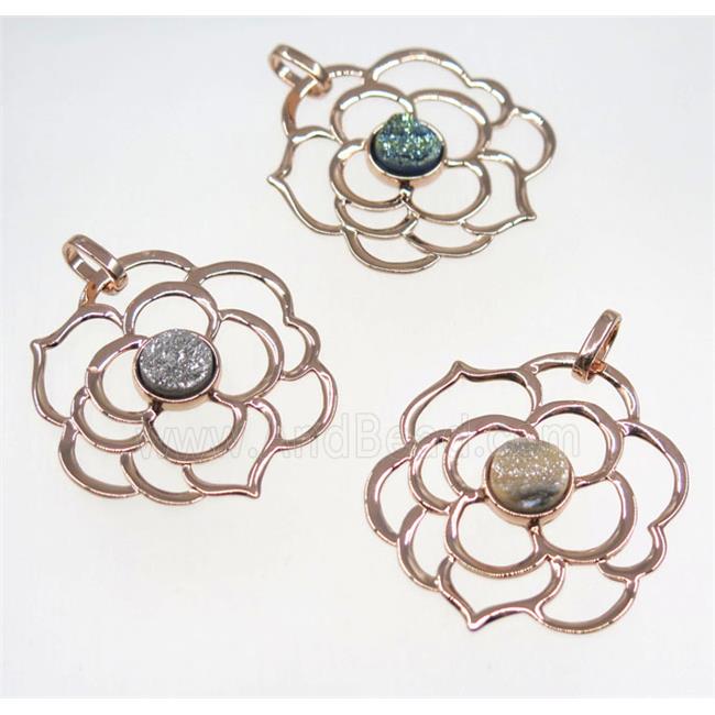 mix druzy quartz pendant, copper flower, rose gold plated