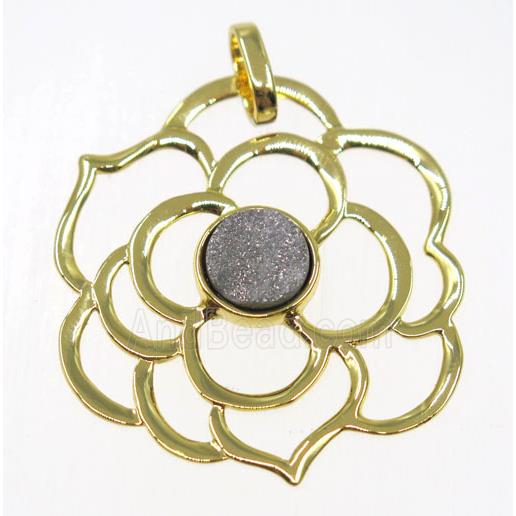 silver Agate druzy pendant, copper flower, gold plated