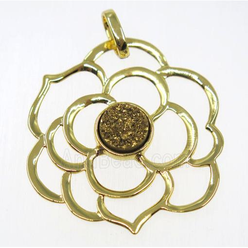 golden druzy quartz pendant, copper flower, gold plated