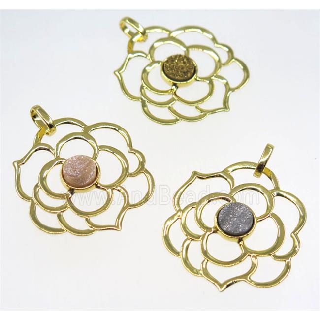 mix quartz druzy pendant, copper flower, gold plated