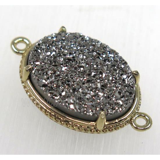 silver druzy agate connector, oval, gold plated