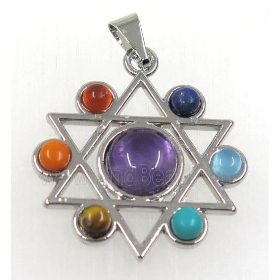 gemstone Chakra hexagram pendant, alloy, platinum plated