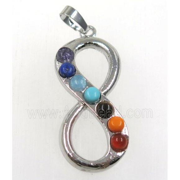 gemstone Chakra infinity pendant, alloy, platinum plated