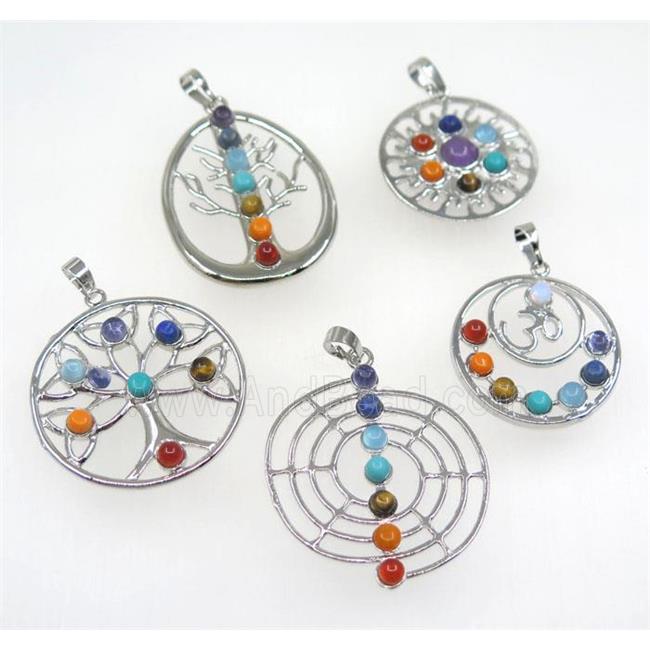 gemstone Chakra pendant, mix shape, alloy, platinum plated