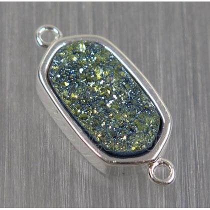 green druzy quartz connector, oval, silver plated