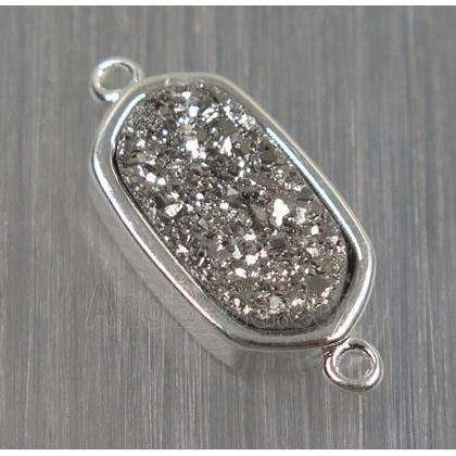 silver druzy quartz connector, oval, silver plated