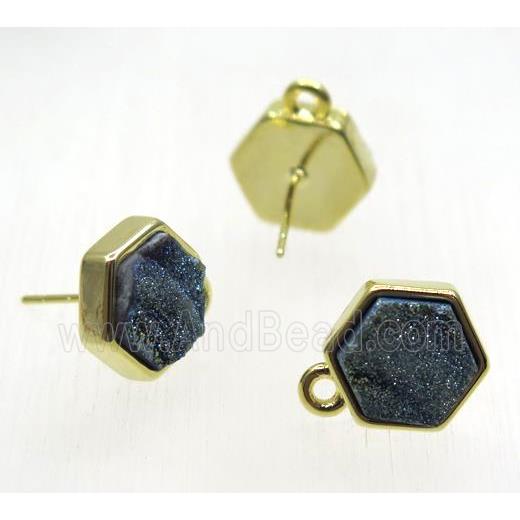 green druzy quartz earring studs, hexagon, gold plated
