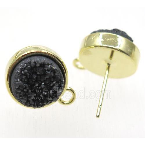 black druzy quartz earring studs, flat round, gold plated
