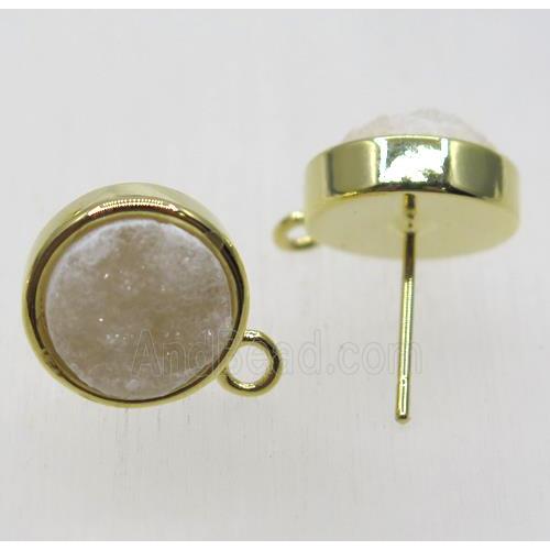 white druzy quartz earring studs, flat round, gold plated