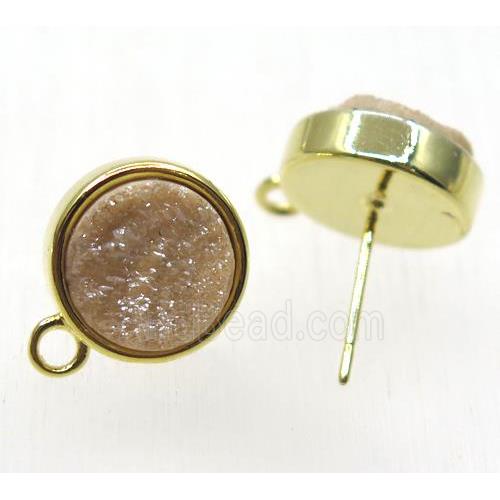 gold-champagne druzy quartz earring studs, flat round, gold plated