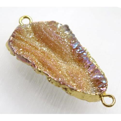 orange AB-color Solar Agate druzy connector, freeform, gold plated