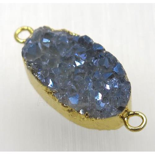 gray blue druzy quartz connector, oval, gold plated