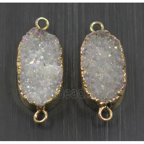 white AB-color druzy quartz connector, oval, gold plated