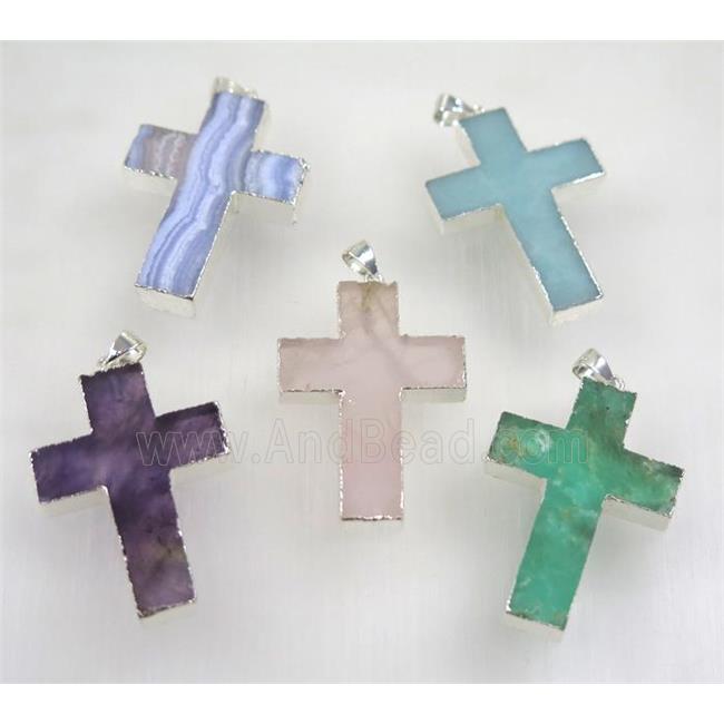 mix gemstone cross pendant, 925 silver plated