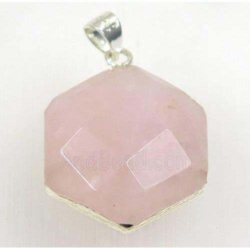 Rose Quartz hexagon pendant, 925 silver plated