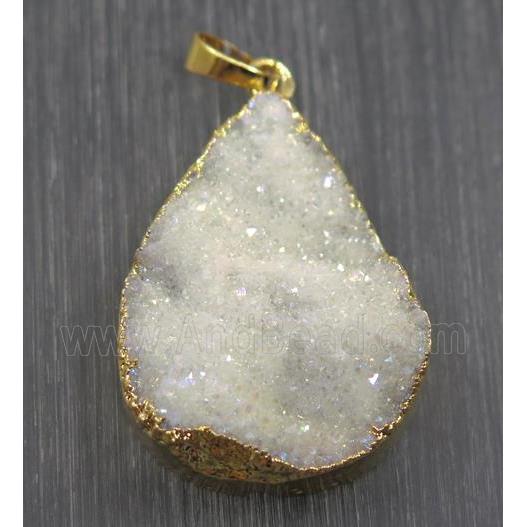 white ab-color druzy quartz teardrop pendant, gold plated