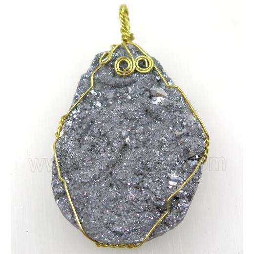 silver solar agate druzy slice pendant with wire wrapped, freeform