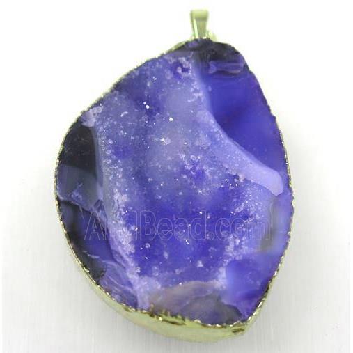 purple druzy agate geode pendant, freeform, gold plated
