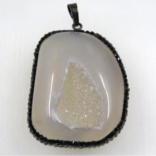 gray Druzy Agate geode pendant paved black rhinestone, freeform