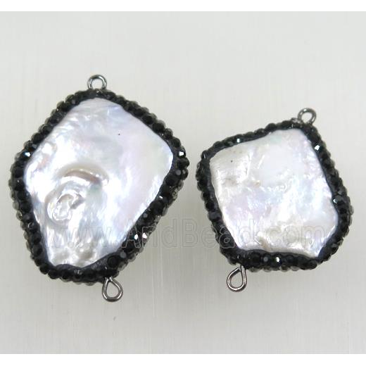 white freshwater pearl connector paved black rhinestone, freeform