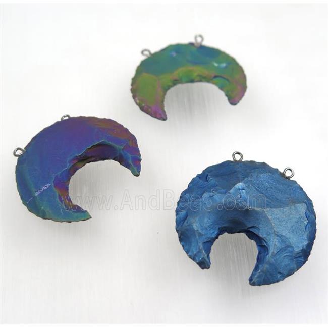 hammered Rock Agate crescent pendant with 2loops, mix color