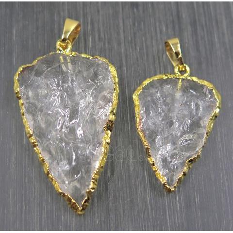 Hammered Clear Quartz arrowhead pendant, gold plated