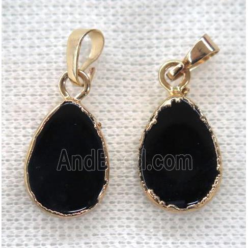 black agate pendant, teardrop, gold plated
