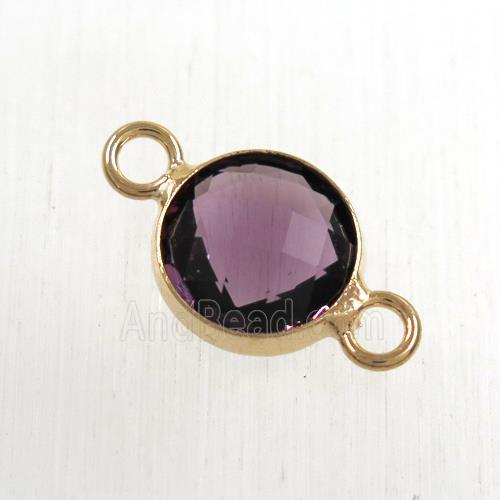 purple Chinese crystal glass connector, faceted flat round, rose gold plated