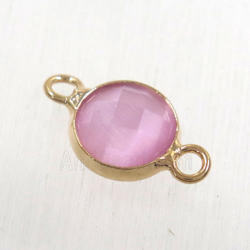 pink cats eye stone connector, faceted flat round, rose gold plated