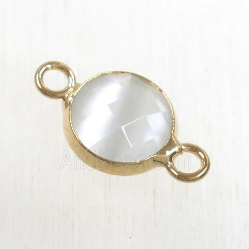 white cats eye stone connector, faceted flat round, rose gold plated