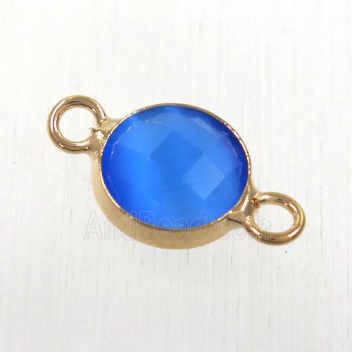 blue cats eye stone connector, faceted flat round, rose gold plated
