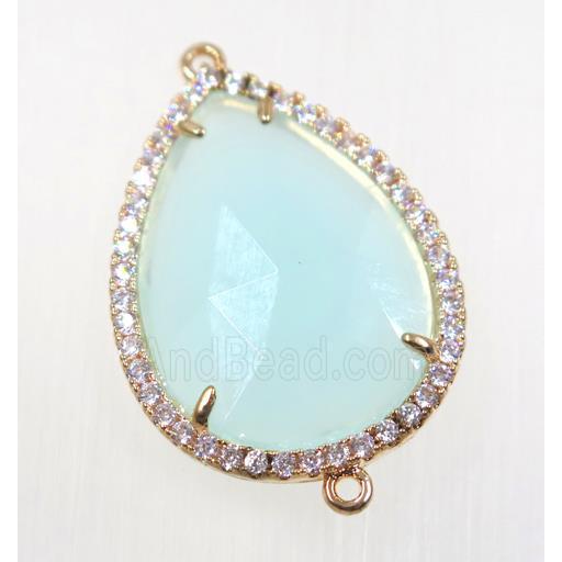 aqua crystal glass connector pave zircon, faceted teardrop, gold plated