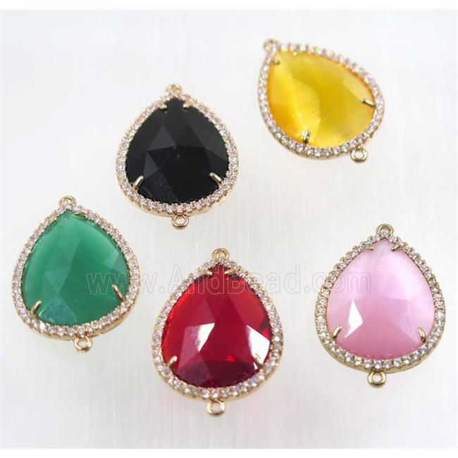 mix crystal glass connector pave zircon, faceted teardrop, gold plated