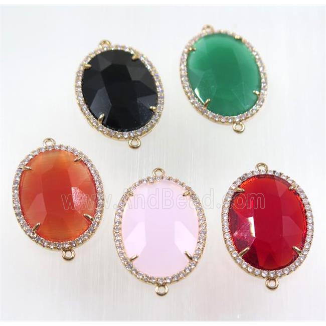 mix crystal glass connector pave zircon, faceted oval, gold plated