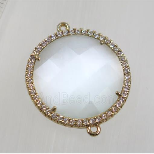 white cats eye stone connector pave zircon, faceted flat round, gold plated