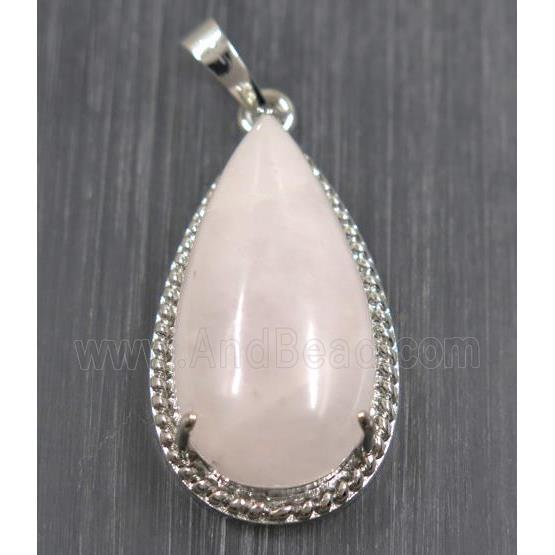 pink Rose Quartz teardrop pendant, copper, platinum plated