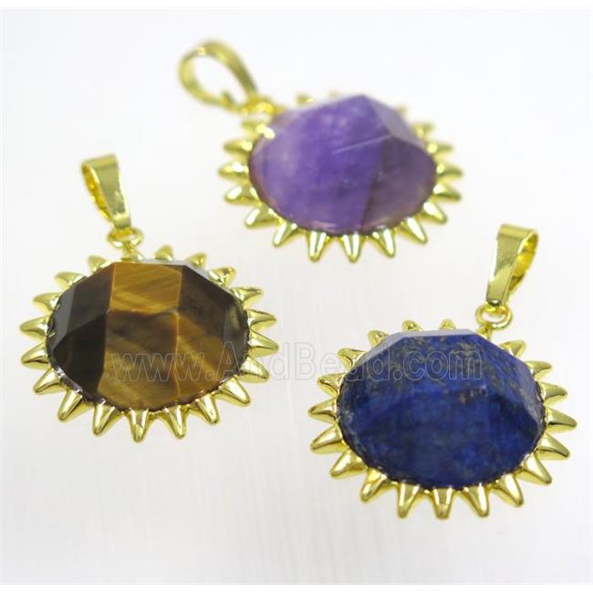 mix gemstone sunflower pendant, gold plated