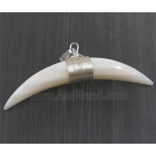 white pearl shell horn pendant, silver wire wrapped