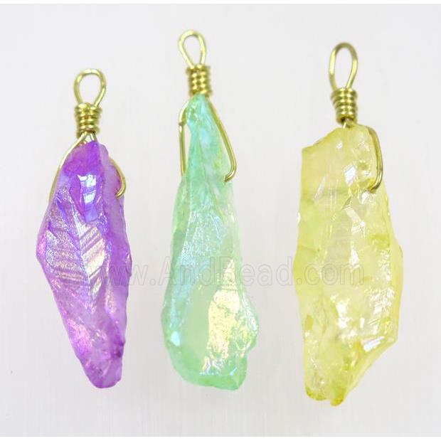 AB-color Quartz stick pendant, wire wrapped, dye, mix color